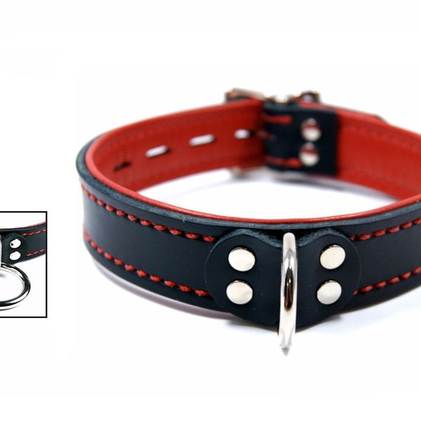 Black Leather Collar with Red Lining and Locking Buckle - Choice of Front Piece & Stitching Color