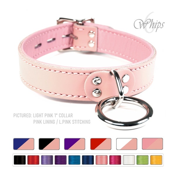 Light Baby Pink BDSM Collar - 1" Inch Wide Leather - O-Ring Front -  Locking Buckle