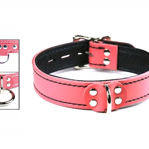 Roze leren halsband - Zachte zwarte leren voering - Vergrendelingsgesp - Keuze uit voorstuk en stiksel