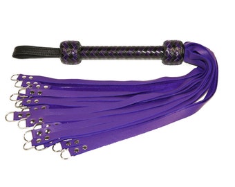 Metal Tipped Dee Ring Flogger - Heavy Impact - Purple Leather Tails - Your Choice of Handle Color and Braiding