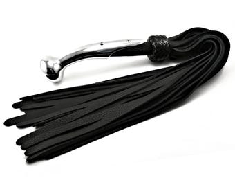 Chrome Pistol Grip Handled Flogger - Exotic Black Sting Ray Handle Wrap - Cowhide Leather Tails - BDSM Kink Fetish Whip Impact Play