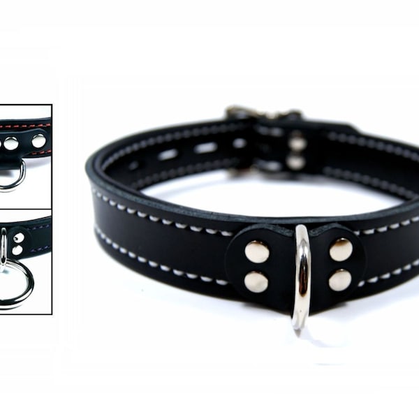 Black Leather Collar - Soft Black Leather Lining and Locking Buckle - Your Choice of Front Ring & Stitching Color