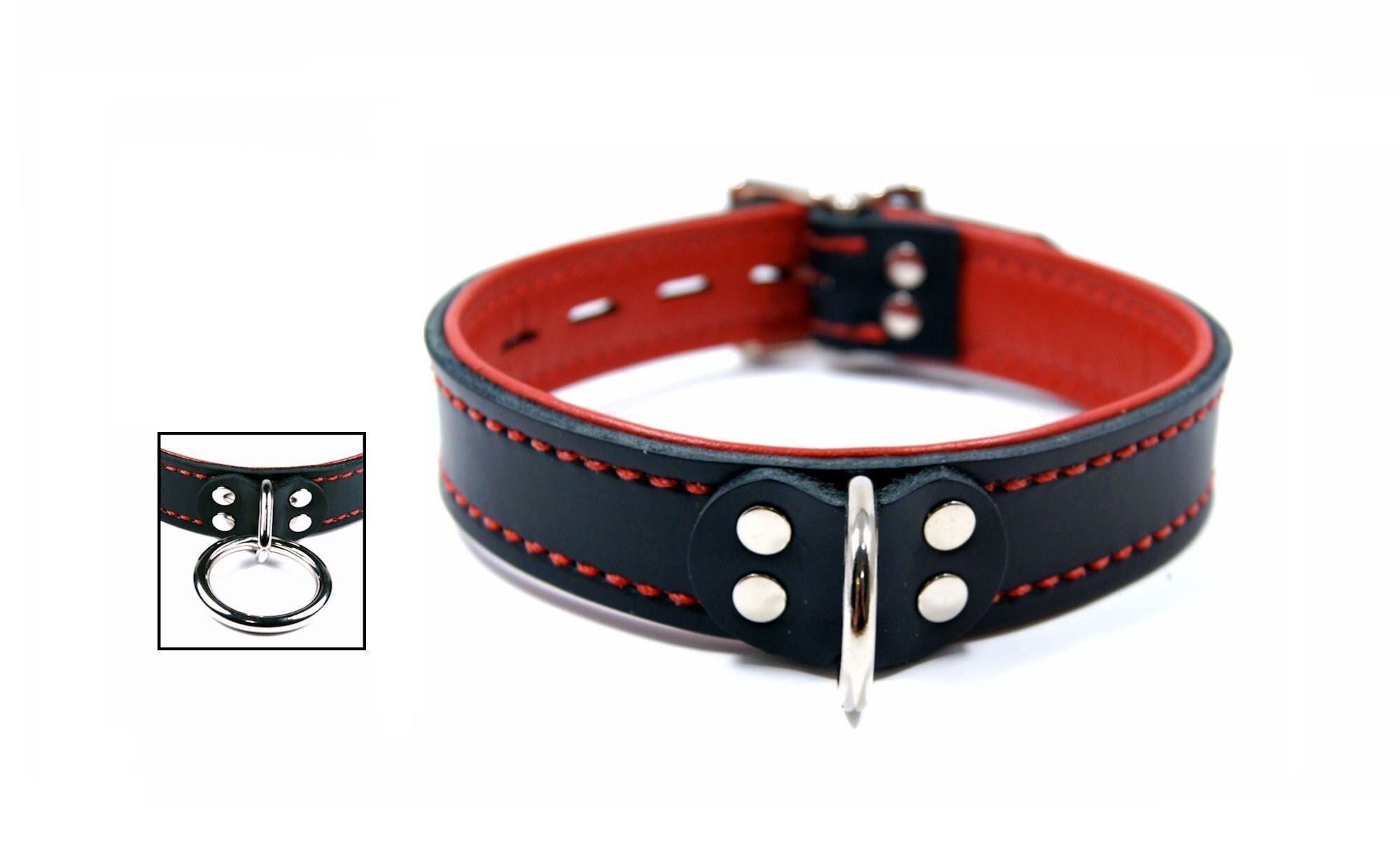 Black Leather Collar with Red Lining and Locking Buckle - Choice of Front Piece & Stitching Color