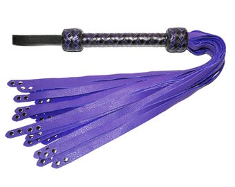 Metal Rivet Tipped Flogger - Purple Leather Tails - Stingy Cowhide Whip - Black and Dark Purple 12 Plait Braided Handle - Impact Play