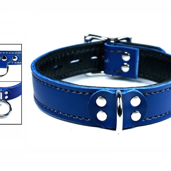 Blue Leather Collar with Black Lining, Locking Buckle, and your choice of Front and Stitching