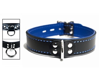 Leather Lined Collar - Locking Buckle - Black with Blue  Lining - Your Choice of Front Dee Ring and Stitch Color