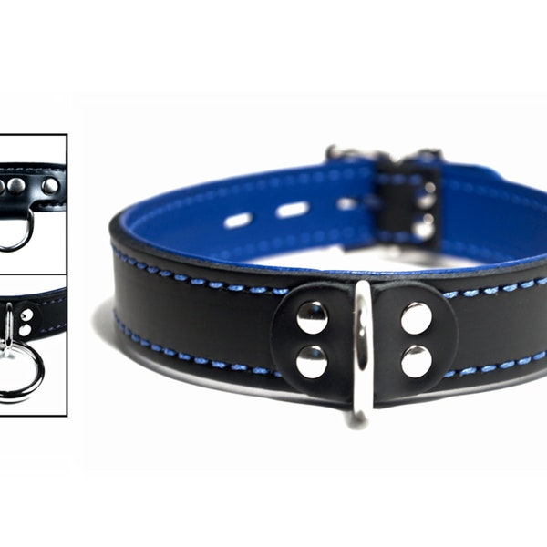 Leather Lined Collar - Locking Buckle - Black with Blue  Lining - Your Choice of Front Dee Ring and Stitch Color