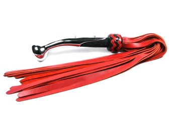 Chrome Pistol Grip Handled Flogger - Exotic Black Sting Ray Handle Wrap - Cowhide Leather Tails - Black & Red Knot - BDSM Whip Impact