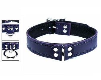 Locking Leather Collar - Purple with Black Lining - Locking Buckle - Your Choice of Front Ring & Stitching