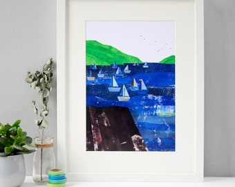 Coastal Boats Print | Across to Kingswear Print | Seaside Art | Coastal Print