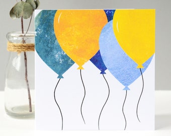 Yellow & Blue Balloons Birthday Card | Childrens Kids Birthday Card | Balloons Happy Birthday Card