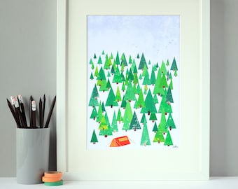 Camping Art Print | Woodland Camping Print | Forest Trees Print | Nature Art Print
