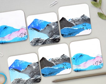 Blue Mountains Coaster Set | Mountains Coasters | Abstract Landscape Coasters | Hiking Coaster Set