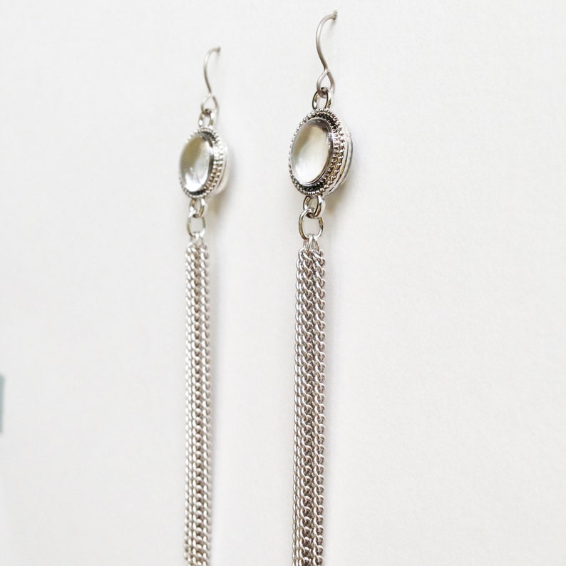 Chain Tassel Earrings Silver Tassel Earrings Clear Resin Etsy