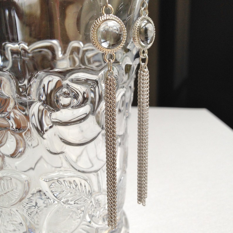 Chain Tassel Earrings Silver Tassel Earrings Clear Resin Etsy