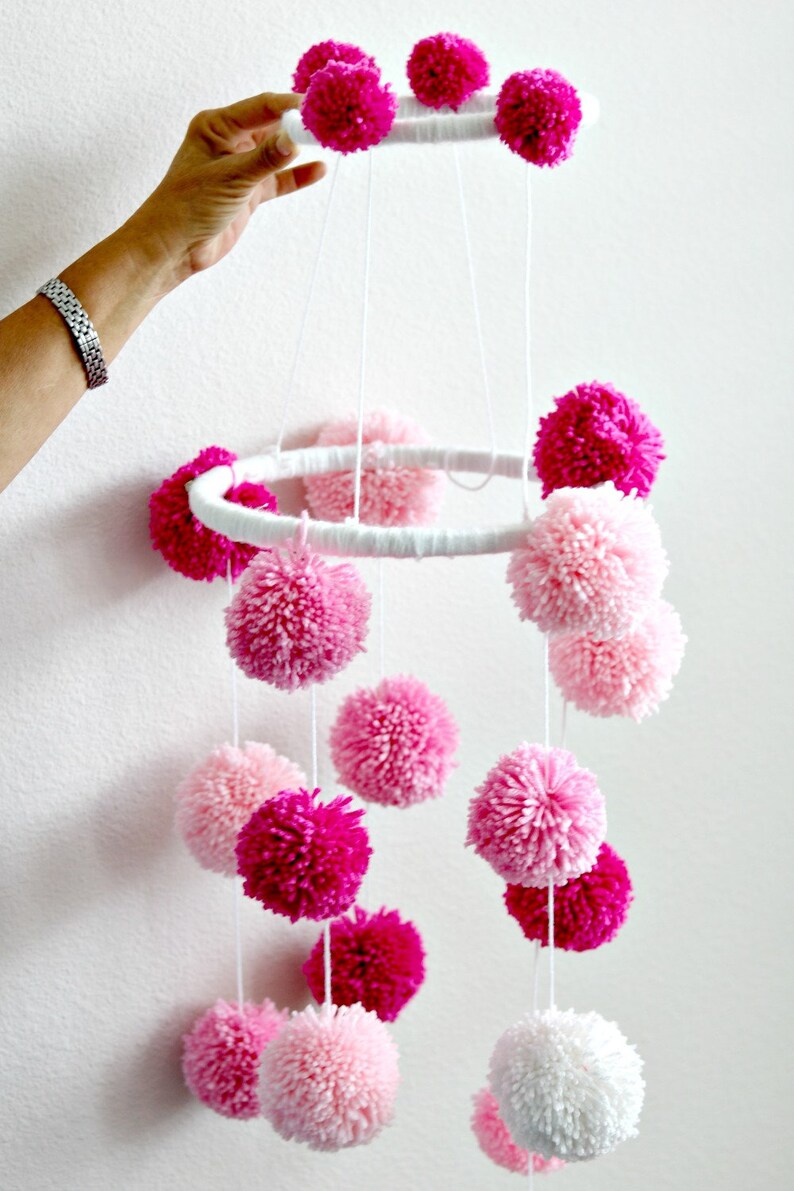 Nursery decoration baby’s room hanging fur Pom-Pom mobile with butterflies