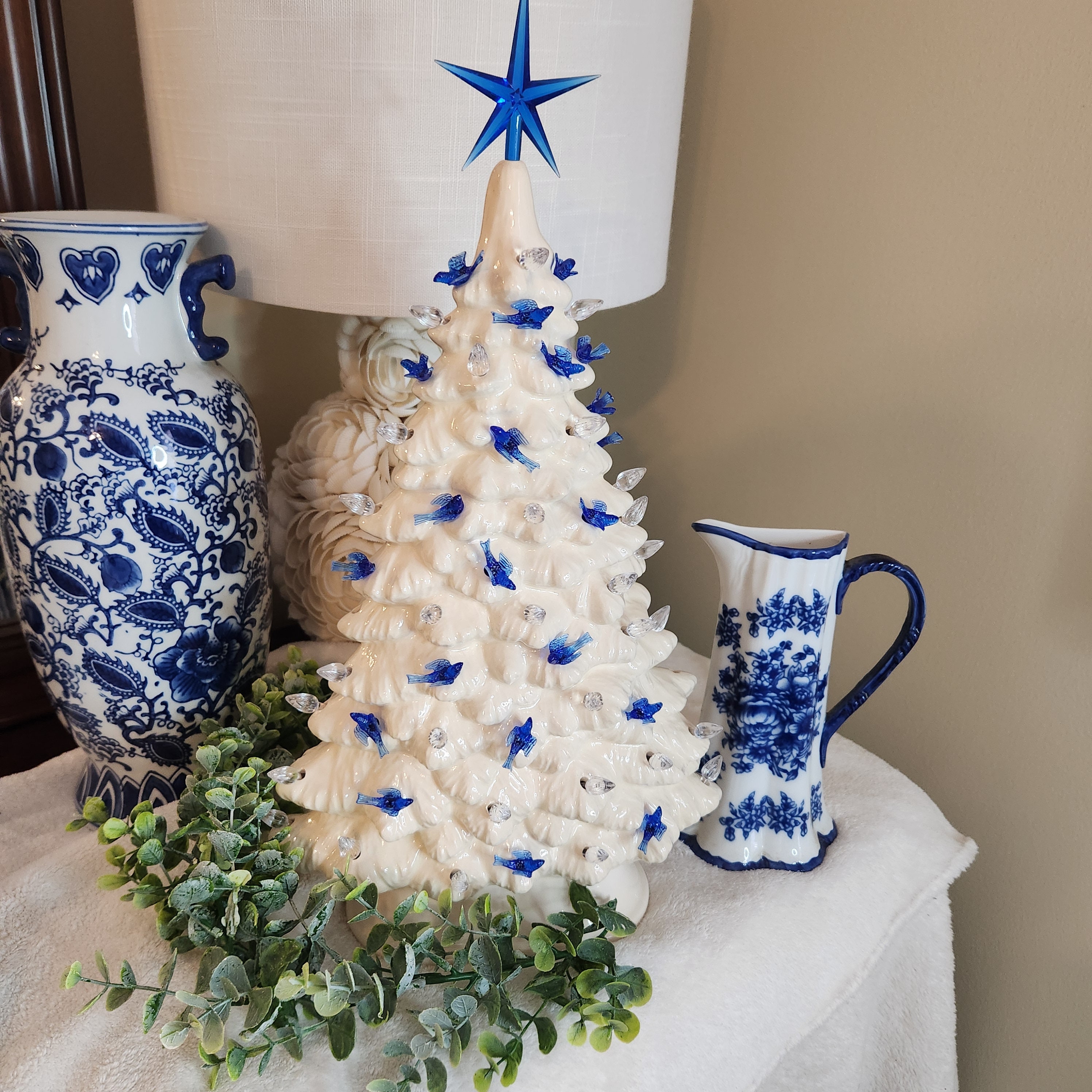 Chinoiserie Blue & White Ceramic Mantle Christmas Tree 2pc