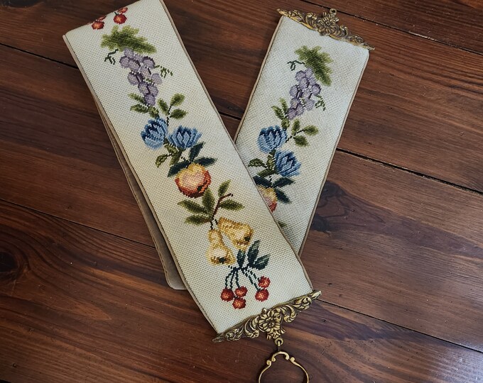 Estate Needlepoint Bell Pull Brass Hardware Finished Etsy