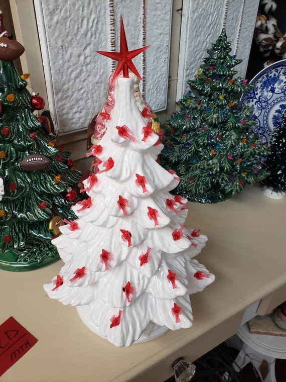 Ceramic Christmas Tree White Small Red Birds Gold Shimmer, 47 OFF