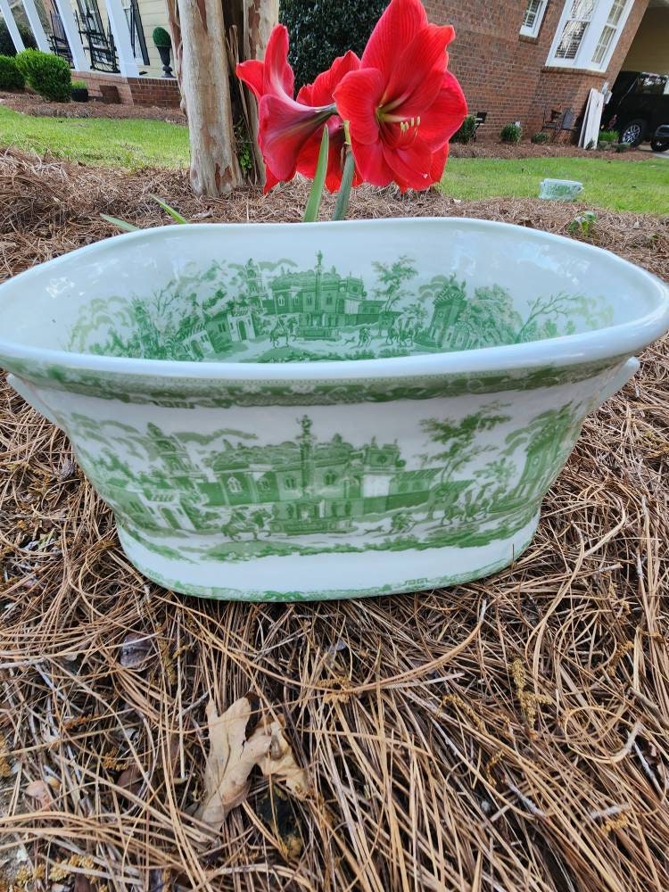 Chinoiserie Green & White Jumbo Foot Bath Orchid Planter 18