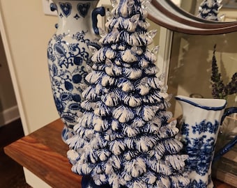 Chinoiserie blue & White Ceramic Mantle Christmas tree 2pc Electric lights Grand Millennial kitschy