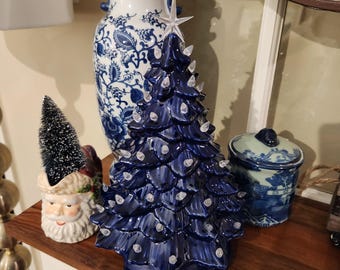 Chinoiserie Blue White Ceramic Christmas Tree Clear Lights Star Electric 12" Grand Millennial