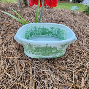 May include: A light green ceramic serving dish with a detailed green landscape design. The oval-shaped dish has two small handles and is set outdoors with red flowers in the background.