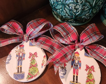 Grand Millennial Chinoiserie CHRISTMAS Nutcracker set of 2 Ornaments Ceramic Tartan Plaid Bow