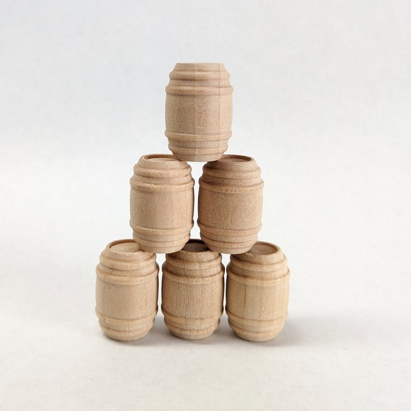 Dollhouse miniature solid wooden barrels. 6 Pieces