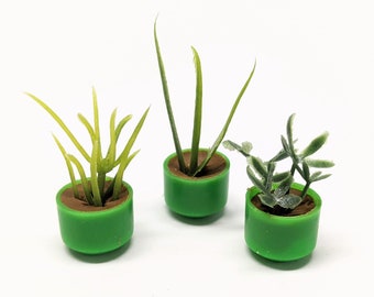 Dollhouse miniature assorted house plants in green pots. 3 Pieces