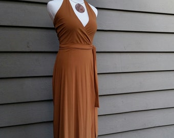 Y2K (late 90s-early 2000) Original MAYREN VIRAY Halter Wrap Dress - Caramel Brown Power-Stretch Knit - Sexy BodyCon Dress - sz: 2-4 XS/S