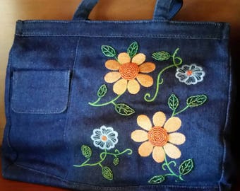 NWOT Vintage 90s Denim Tote Bag Purse - Floral Embroidered Denim - Festival Fashion - Beaded Embellished Denim Purse - Packable Overnighter