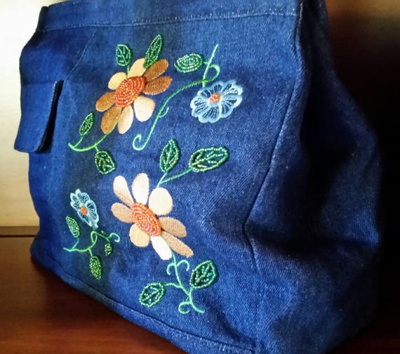 NWOT Vintage 90s Denim Tote Bag Purse - Floral Em… - image 3