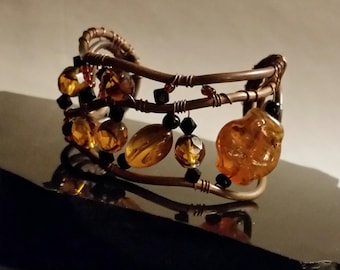 OOAK Copper Wire-Wrap Cuff Bracelet - Wearable Art - Swarovski Crystals - Glass Beads - Boho Tribal Chic - Adjustable Copper Metal Cuff
