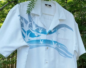 RARE vintage-1970s IOLANI Hawaii Traditional Aloha Shirt - Japanese Paper Cranes Graphic Design - Wedding Tiki Luau Surfer Unisex - sz: L/XL