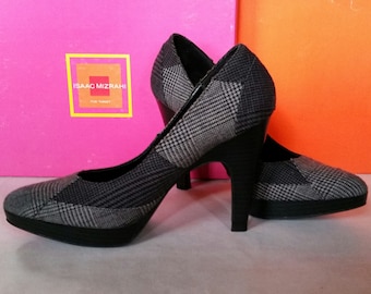 NOS Early 2000 Isaac Mizrahi for Target Pumps - First Collection/Collaboration - Shades of Grey - Houndstooth Patchwork Platform Heels sz: 7