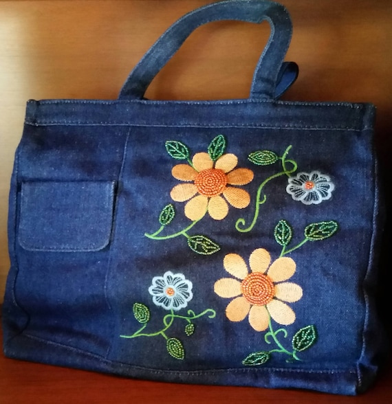 NWOT Vintage 90s Denim Tote Bag Purse - Floral Em… - image 1