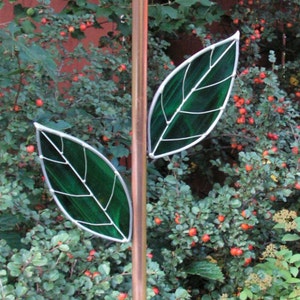 Plate Flower Copper Stem, Rebar Cover,  With Two Stained Glass Leaves, Made To Order