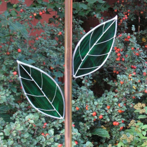 Plate Flower Copper Stem, Rebar Cover,  With Two Stained Glass Leaves, Made To Order