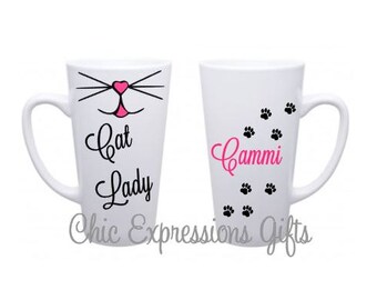 Cat lady - tall latte 16 oz ceramic mug in white