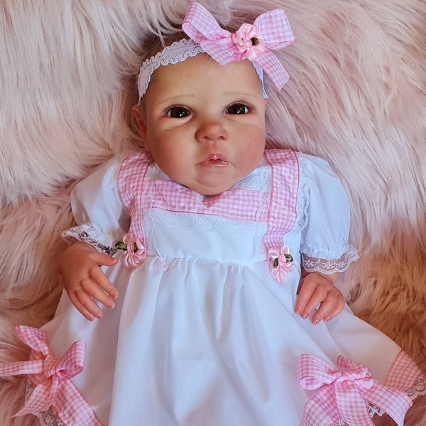 Reborn/Newborn Baby dress+  hairband in white and pink gingham ribbons and white lace  reborn dolls clothes baby homecoming Valentines day