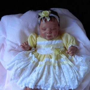 Reborn/Newborn Baby dress+hairband, in lemon/ white  reborn, dolls clothes, silcone vinyl reborn, reborn doll, dol outfit