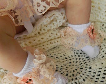 Newborn Baby   peach   ruffled lace socks   with  peach roses shoe/reborn baby dolls clothes