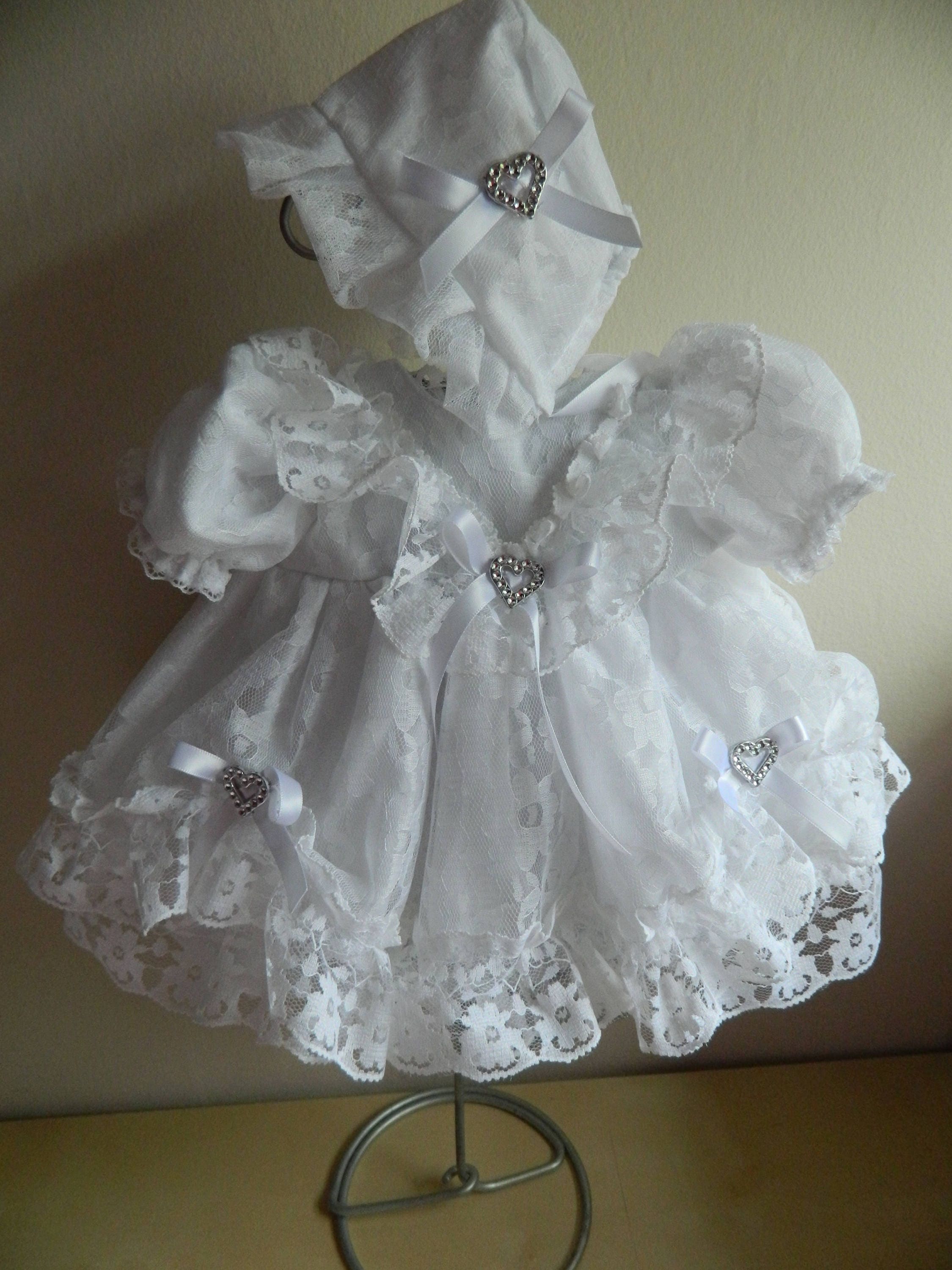 Reborn  Baby dress and bonnet in  white lace for 16" reborn doll…