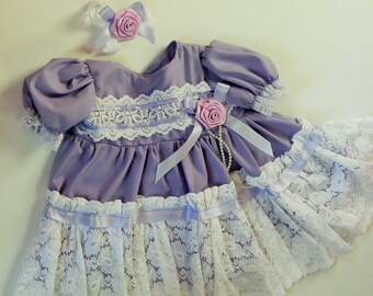 Reborn/Newborn Baby dress+ hairband in lilac with white lace overlay polycotton/reborn dolls clothes baby homecoming Valentines day