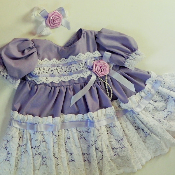 Reborn/Newborn Baby dress+ hairband in lilac with white lace overlay polycotton/reborn dolls clothes baby homecoming Valentines day