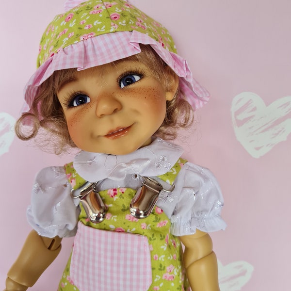 My Meadow  Moppet bjd dolls clothes/ outfit for Aya Mae Tia and more. Dungarees blouse jacket and  sunhat pink/green NO DOLL