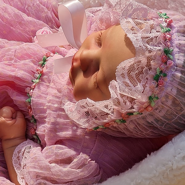 Reborn/Newborn Baby  gown+ bonnet in pinks  lace reborn dolls clothes silcone full body clothes