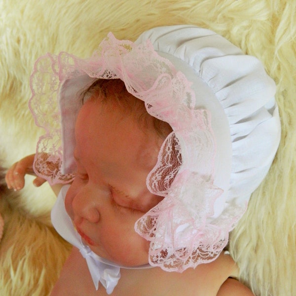 Reborn/Newborn Baby  bonnet in   white/pink  lace a /reborn dolls clothes baby homecoming Valentines day