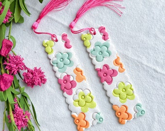 Colorful Groovy Flower Polymer Clay Bookmarks | Embossed Bookmarks | Floral Bookmarks | Spring Color Bookmarks